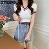 WTEMPO Dame V-hals Kortermet Stripete T-skjorter Dame Chic Vintage Sommer Ins Koreansk Strikket Slim Cropped Topper
