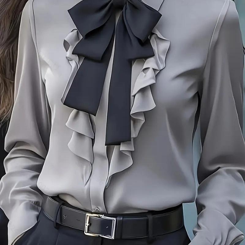 

Fall Solid Color Lace Up Ruffle Blouse Women M