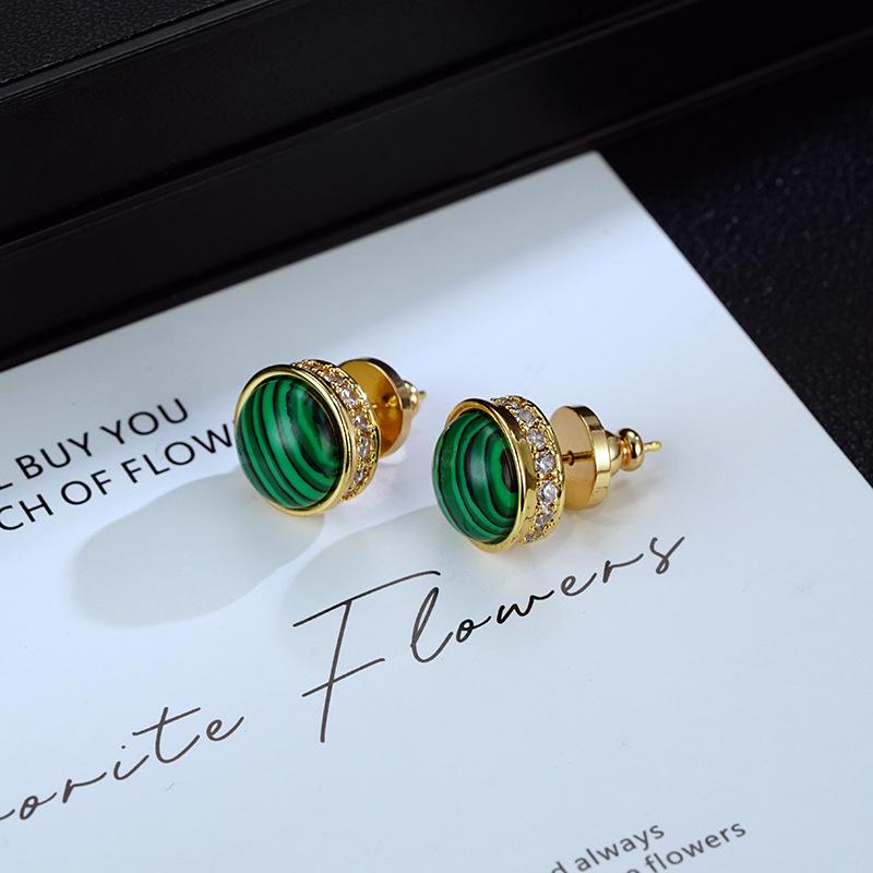 

Серьги-пусеты с инкрустацией цирконом и малахитом - Минималистичная легкая роскошь, винтажный дизайн для женщин 18K