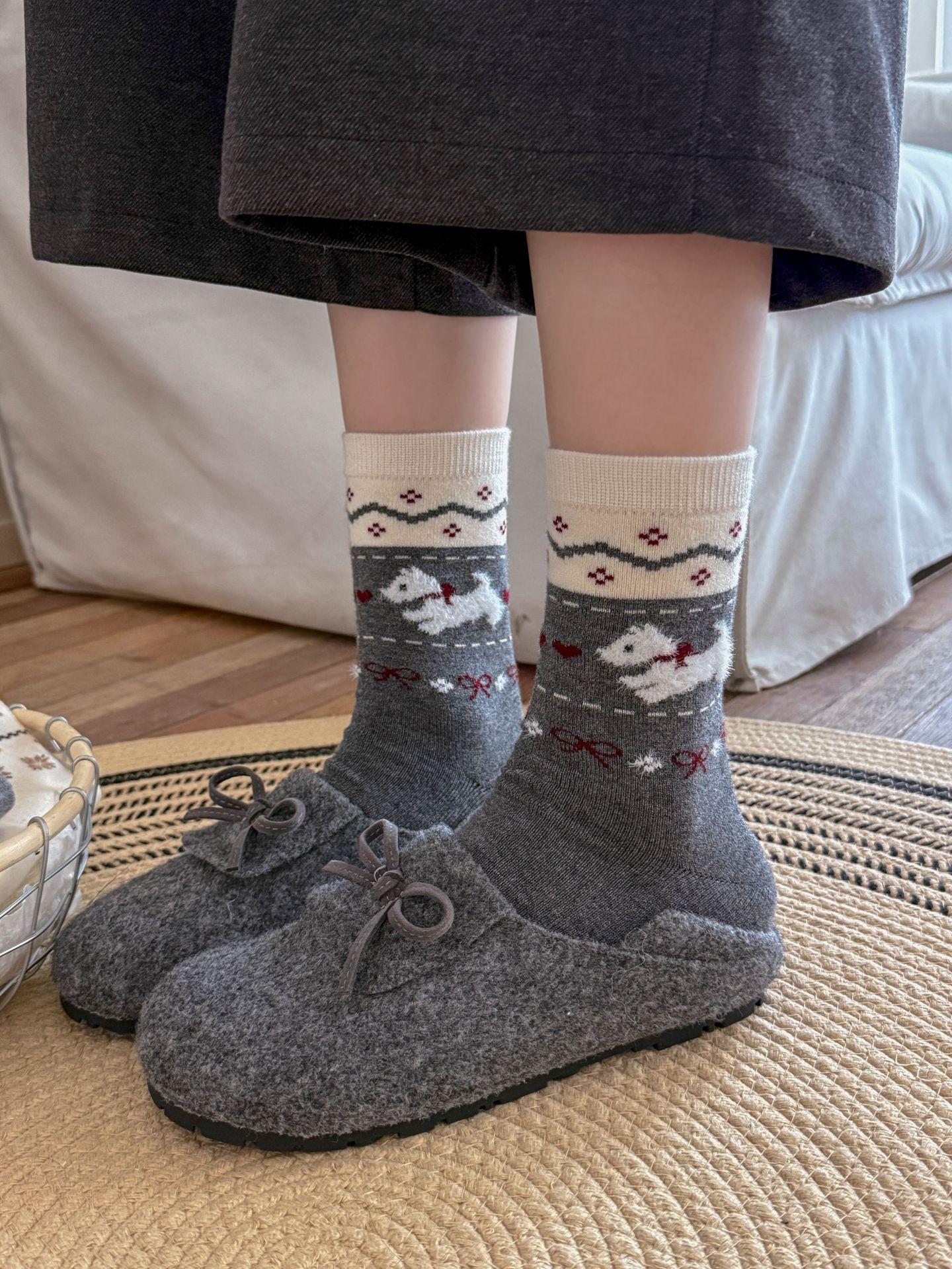 Vintage Wool Socks Children S Warm Thickened Mid-Leg Socks Cute Bow Puppy Pile Socks Cotton One size