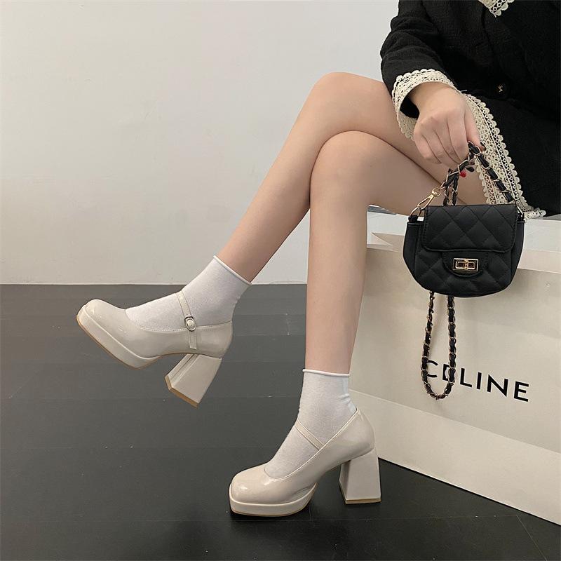 French High Heels Women's 2025 New Autumn Square Head Thick Heel Waterproof Table Temperament White Thick-soled Mary Jane Shoes