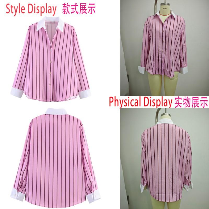 Womens Striped Collar Shirt Loose Long Sleeve Casual Top Streetwear Style Fall