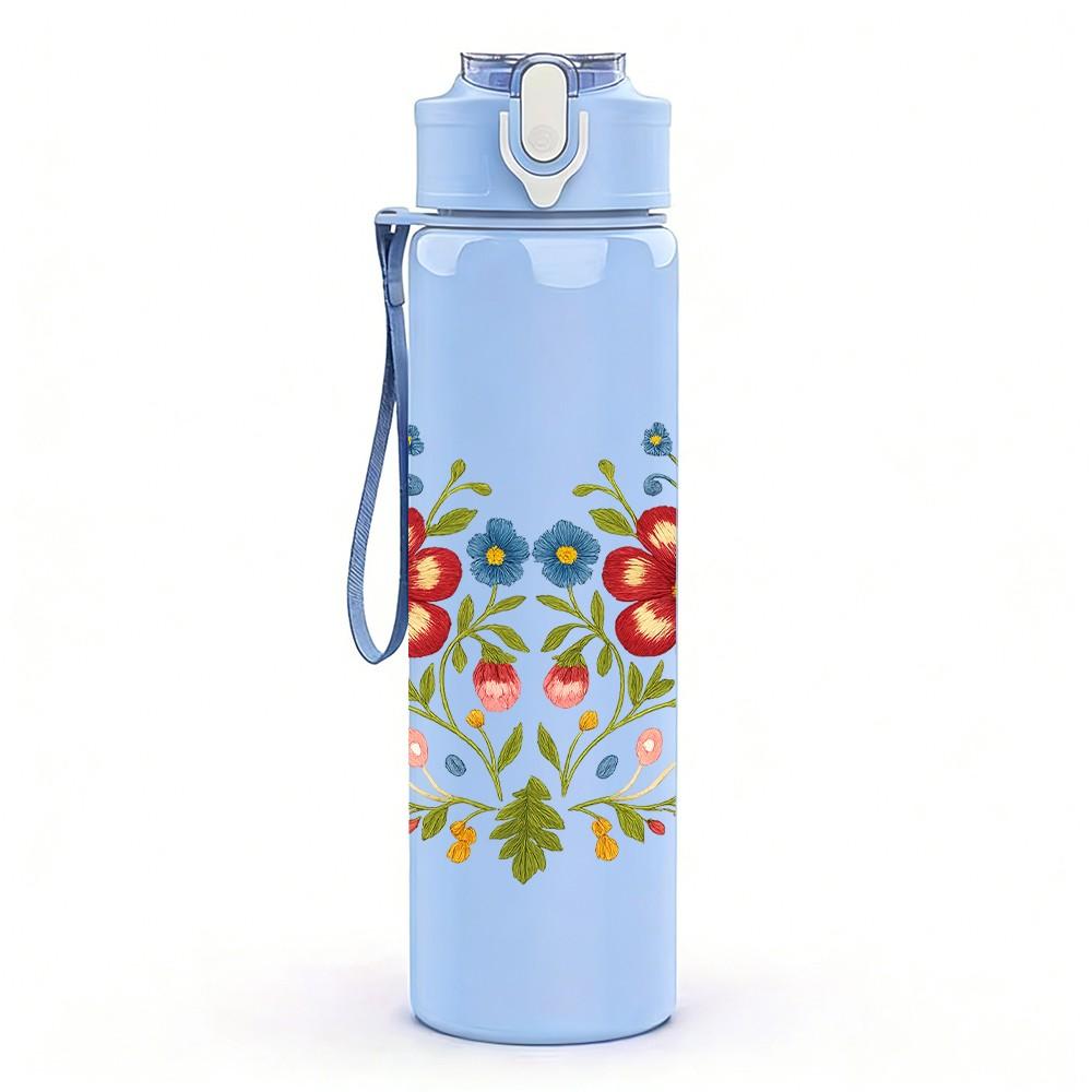 1PC Folk Floral Heart Garland 750ml Color Plastic Sports Water Bottle Leakproof Flip Straw Lid Suitable for Sports Office Home Use