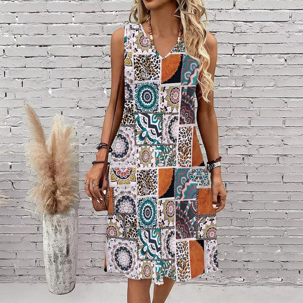 Plus Size V Neck Sleeveless Dress Ditsy Floral Watercolor Print For City Park Walk