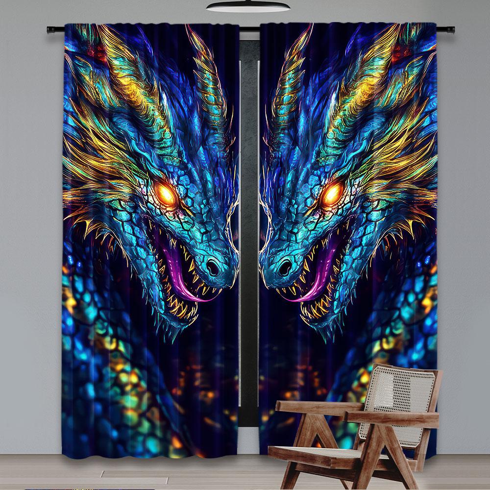 2Pcs Dragon Printed Curtains Stylish And Elegant Window Drapes For Bedroom Office Kitchen Living Room And Study Perfect Home