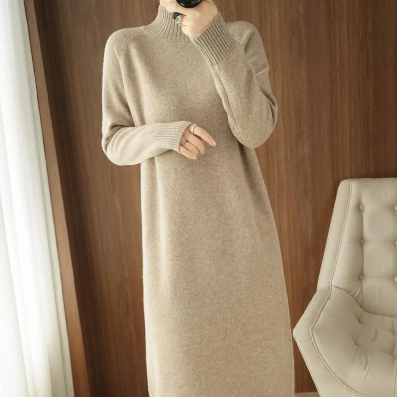 Autumn and Winter Korean Version of The Mid-length Knitted Sweater Skirt Half-high Collar Loose Bottoming Shirt Dress