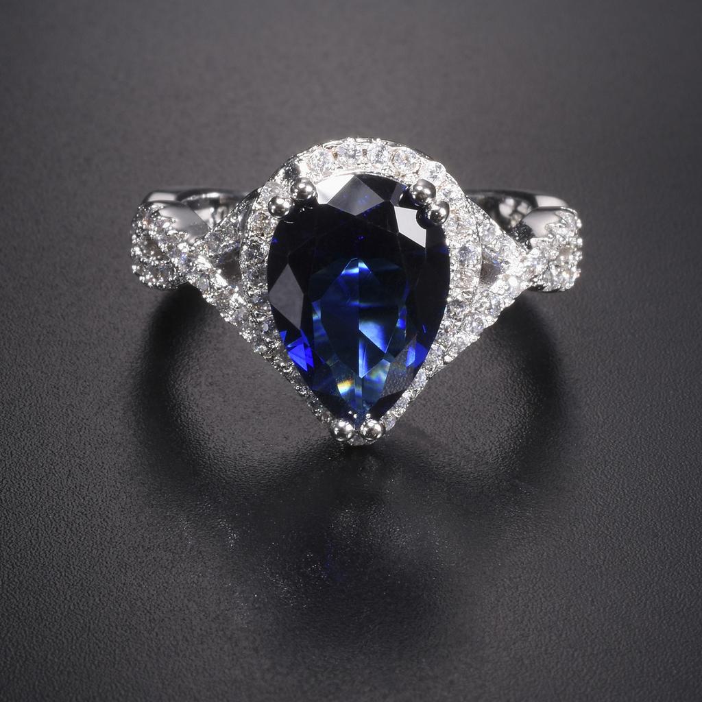 Luxury Drop 4ct Blue Sapphire Engagement Rings Finger 10KT White Gold Filled Wedding Rings for Women Jewelry Gift
