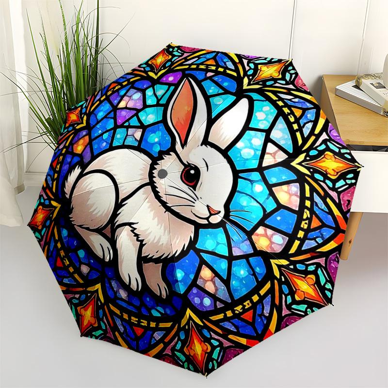 1pc Stained Glass Rabbit Design Automatic Opening/Closing Umbrella - Portable 3-Fold Design, 8-Bone Iron Frame Outdoor Umbrella - Perfect Gift for Fan