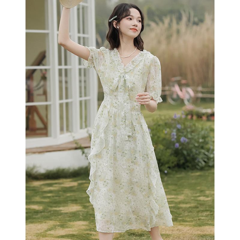 

Летнее милое маленькое прозрачное платье с цветочным принтом и краем в виде листа лотоса, милое шифоновое платье с коротким рукавом L