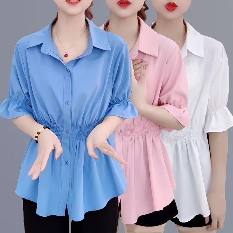 Summer Polo-neck Solid Color Elegant Fashion Waist Shirt Women Short Sleeve Shirring Blouse Female Cardigan Top