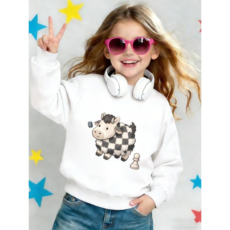 European sizes Cute Checkerboard Lamb Print Kids' Spring Crew Neck Sweatshirt, Comfortable Thin Design, Ideal for Outdoor Wear, Ages 0-3