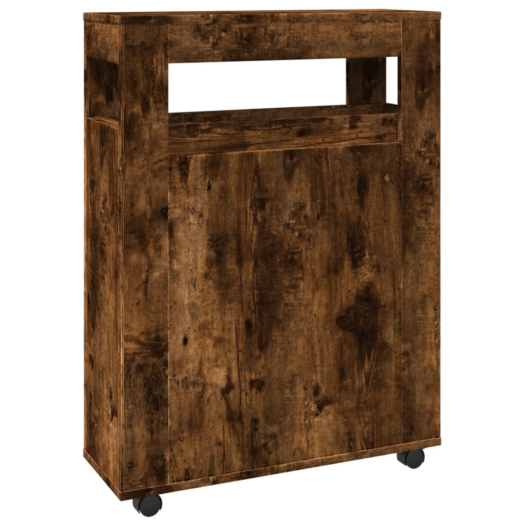 Narrow Bathroom Cabinet with Casters Smoked Oak Wood Based Panel