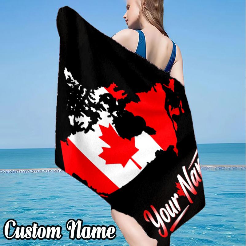 Custom Name Canada Flag Beach Towel - Soft, Ultra-Absorbent Microfiber, Lightweight, Perfect for Beach, Parties, Travel, Camping