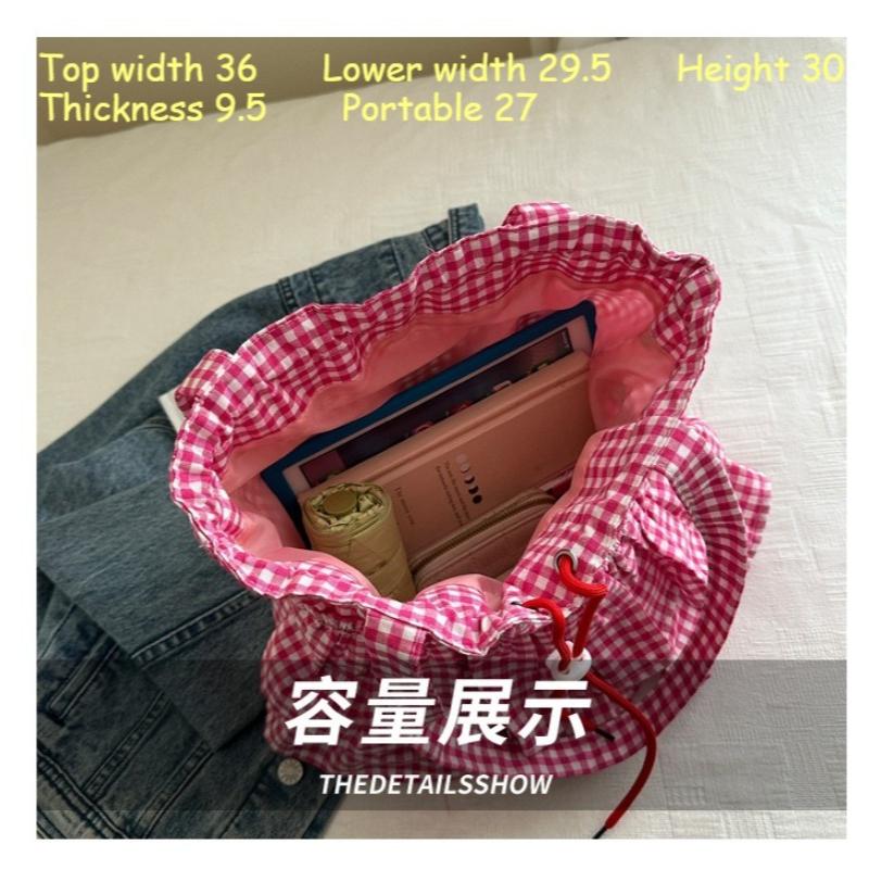 Women's Plaid Large Capacity Shoulder Bag Versatile Drawstring Simple Tote Bags Splicing Commuting Shopping Casual Underarm Bag