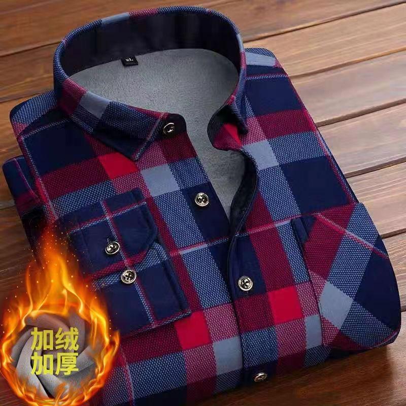 Winter New Trendy Plush Thick Warm Striped Shirt for Men's Casual Loose Retro Sports Large Size High End Long Sleeve Shirt L-5XL