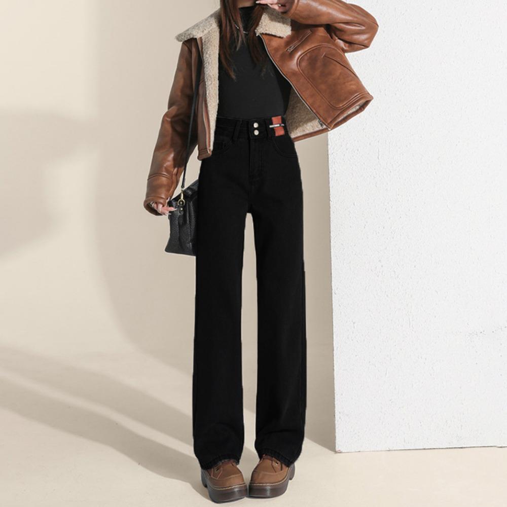 

Простые джинсы для通勤 с высокой талией, с двойной пряжкой, широкие брюки, женские весенне-осенние модели, новые универсальные свободные брюки в пол для通勤 2XL чёрный