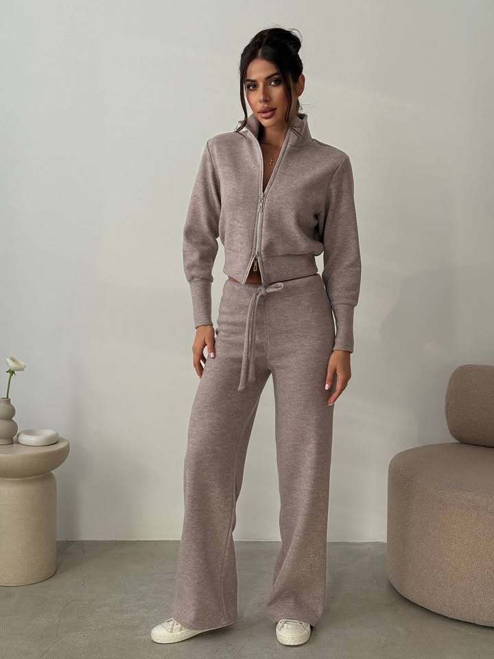Autumn and Winter New European and American Women's Clothing Casual Solid Color Double Zipper Knitted Top Lace-up Wide-leg Pants Two-piece Set