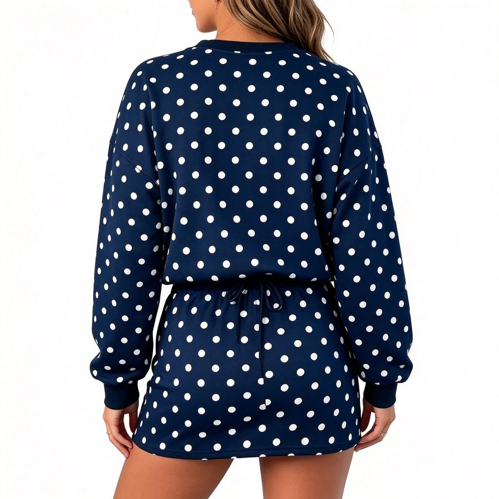 Women's Casual Two-Piece Set with Polka Dot Long Sleeve Pullover and Skirt for Everyday Wear