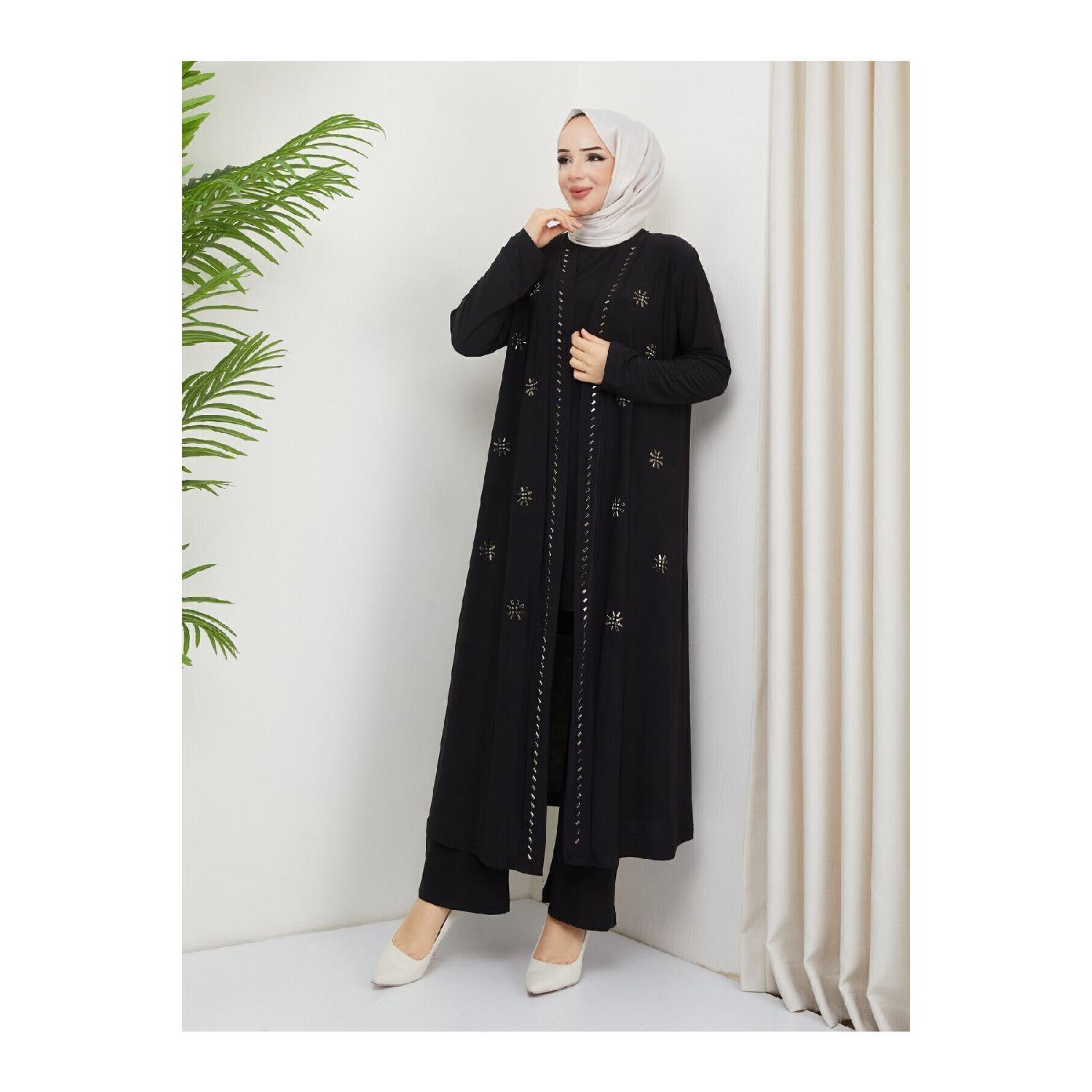 

Женский костюм в стиле хиджаб черного песочного цвета с камнем Dms спереди и кардиганом