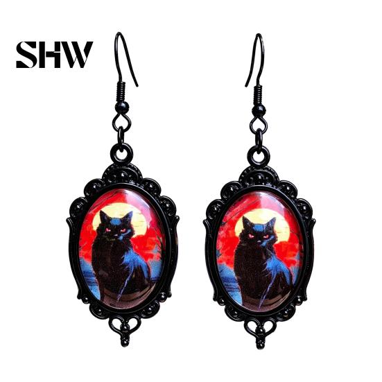 Versatile Dark Style Daily Wear Accessories 1 Pair Halloween Gothic Black Cat Earrings for Women, Vintage Jewelry with Skull Bat Patterns Punk Dangle