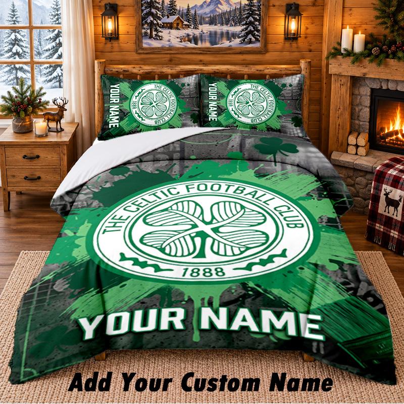 Celtic FC Pattern Bedding 3Pcs Set Custom Name, Bed Sheet And Pillowcases For Home Bedroom