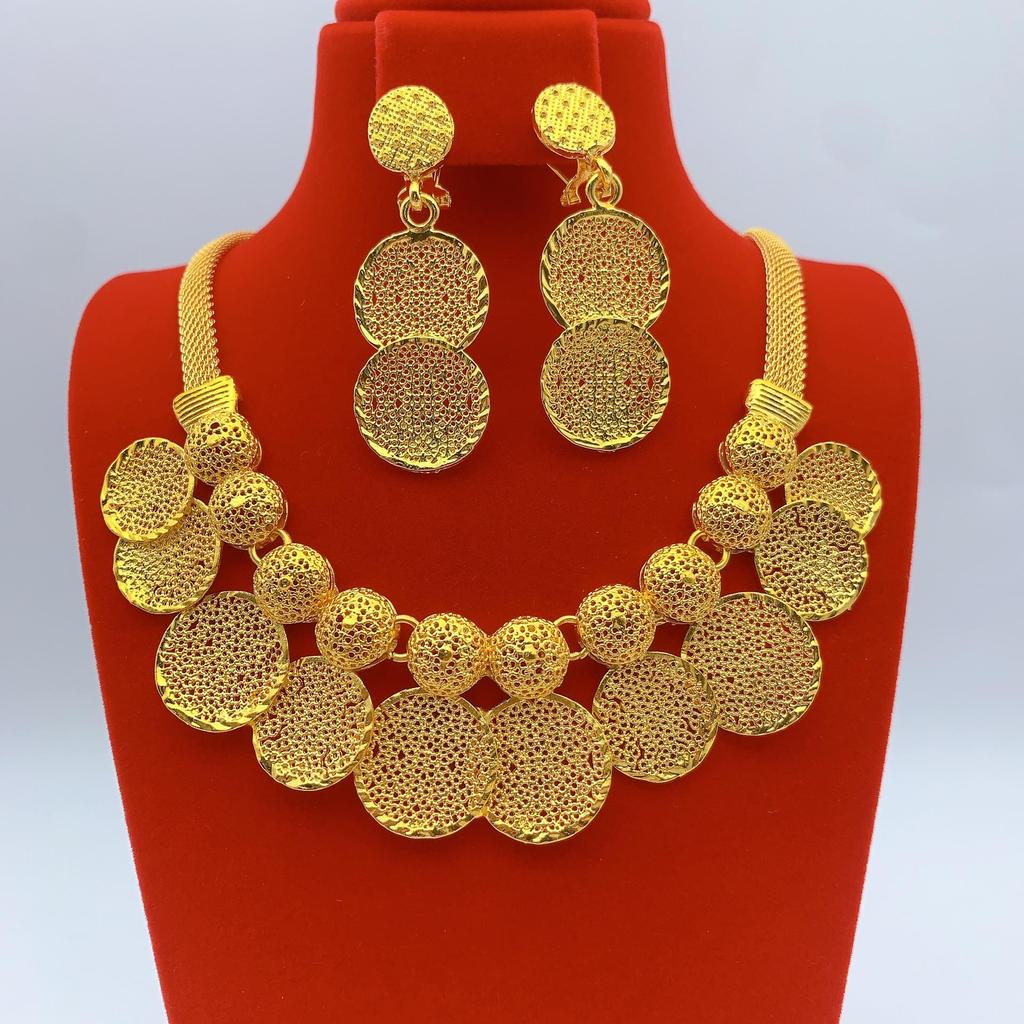 Gold-Plated Brass Flower Necklace & Earrings Set for Women's Wedding Jewelry