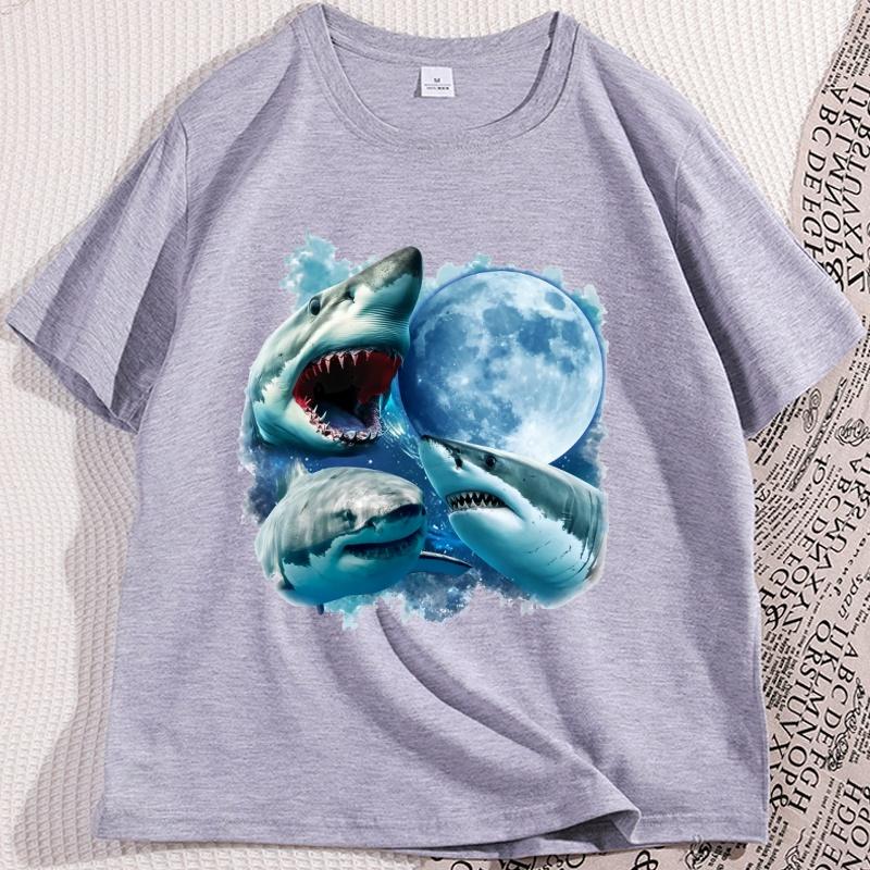 Sharks and Moon Vintage Graphic Tshirts Casual Shark Tshirt Shark Ocean Lovers Tees Funny Graphic Tee Cotton Short Sleeve Tops