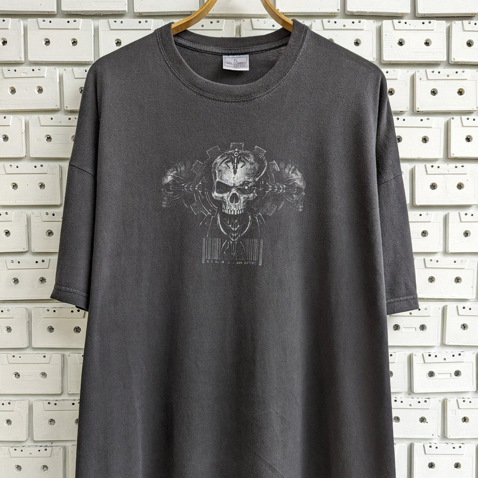 Vintage 00s Cyber Skull Gothic T shirt Biomechanical Steampunk Skeleton Cyborg Head Techno Rave Hardcore Gabber Style Tee Size Wide XL/XXL 2XL