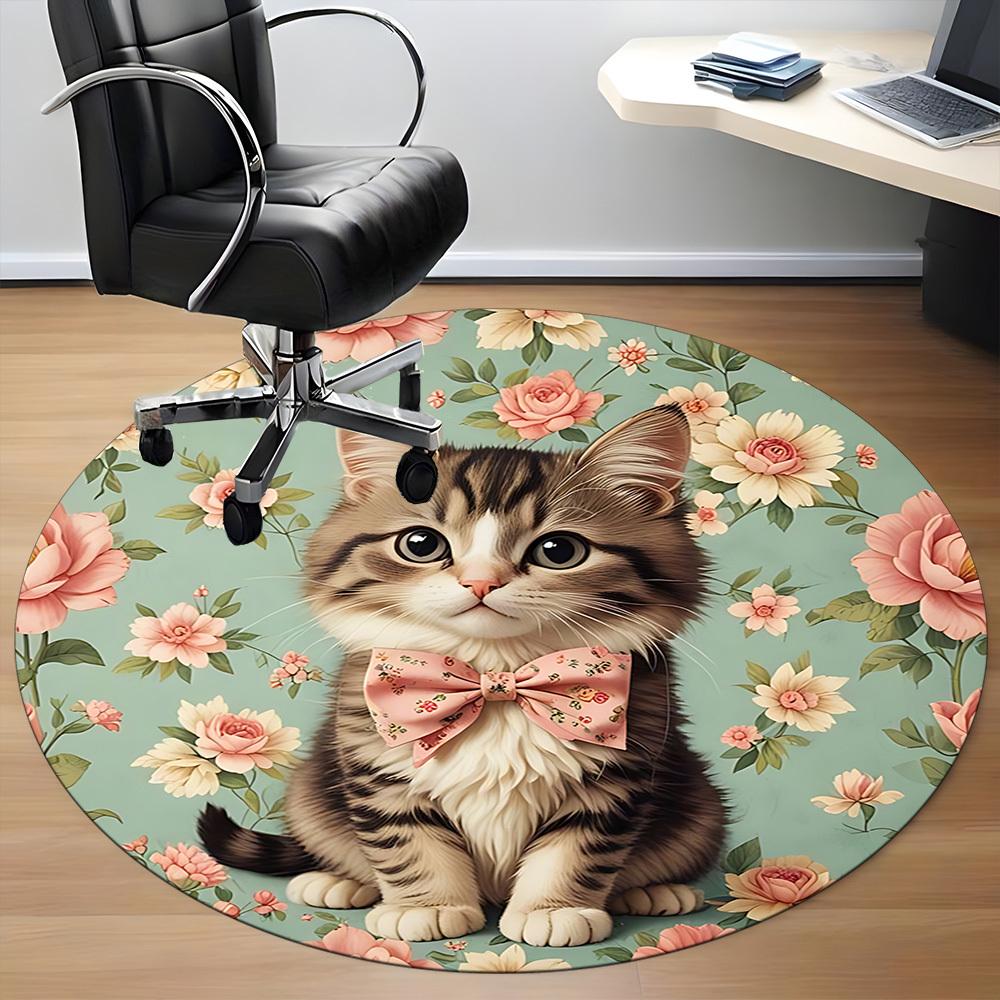 1pc Cat Floral Pattern Office Round Rug, Non-slip, Soft and Durable Office Rug for Interior Decoration, Perfect for Office, Beautiful Decoration yy260