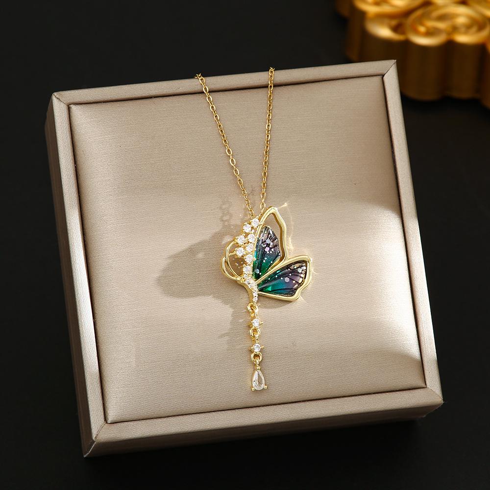 Korean Butterfly Tassel Luxury Diamond Titanium Steel Necklace - Women's Versatile Clavicle Jewelry