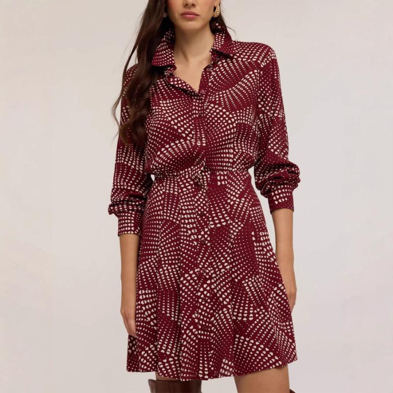 

Fashionable and Gentle Commuting Style Waist Slim Fit Shirt Collar Long-sleeved Dress S червоний