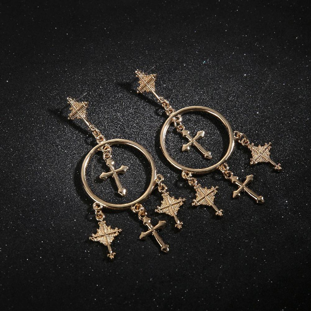 Women Metal Cross Design Earrings Long Alloy Engraved Delicate Earrings