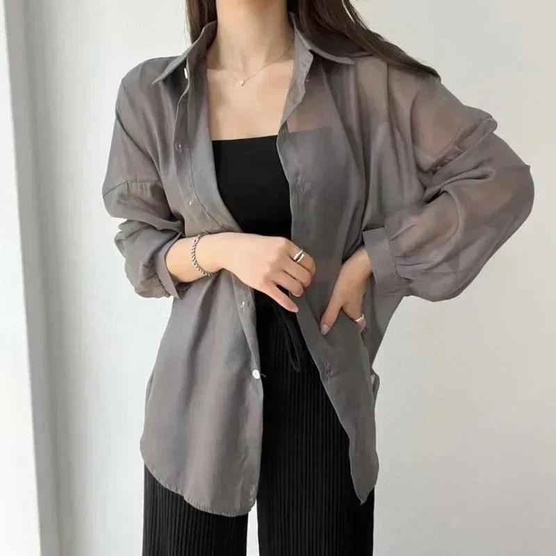 Summer Sunscreen Shirts Women Sheer Thin Chic Simple Solid Sun-proof Baggy All-match Basic Clothes