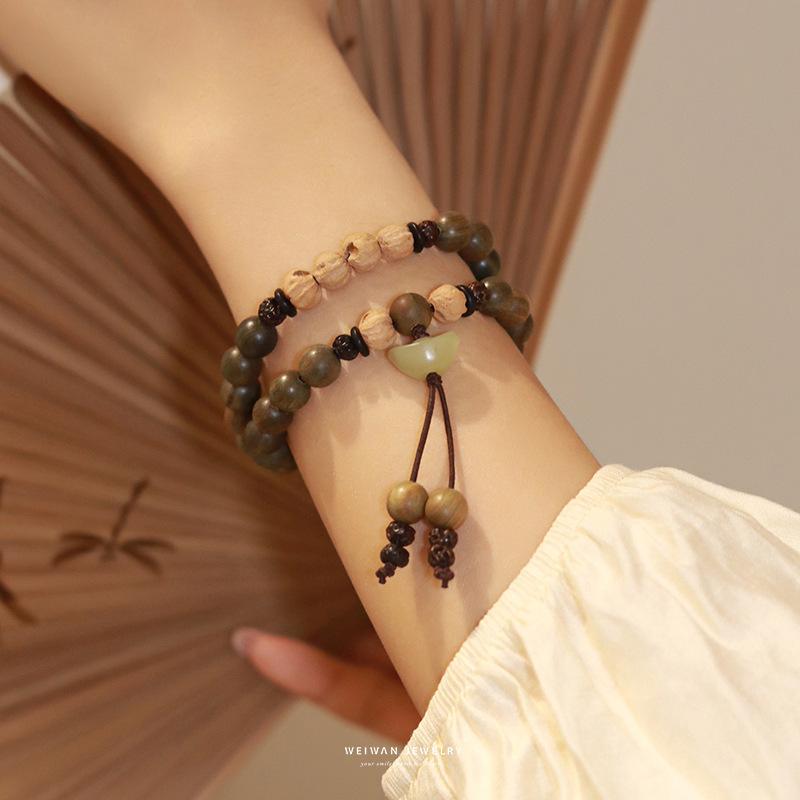 Huaixuwei late green sandalwood bracelet for women, vintage couple's bracelet, natural sandalwood scent, Buddhist bead jewelry, antique-style gift