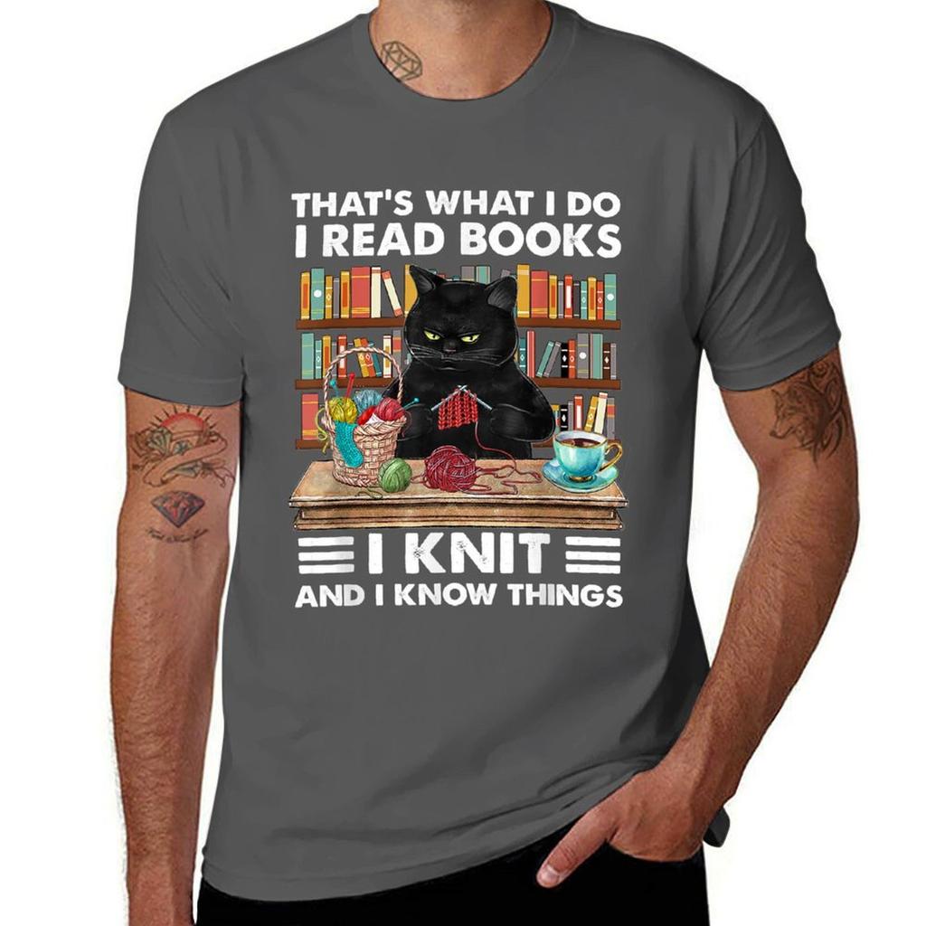 That What I Do I Read Books I Knit Funny Cat Knitting Tshirt Soft Touch Basic Cotton Tshirt