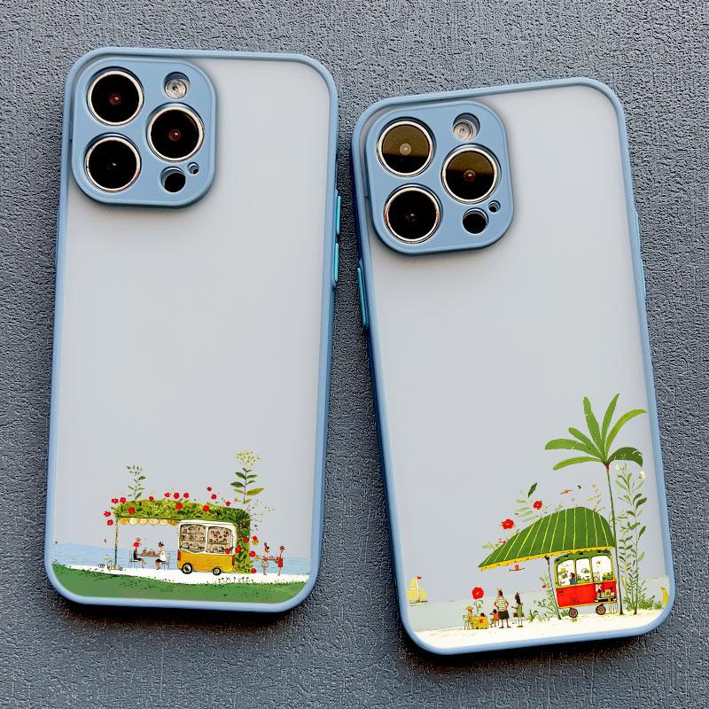 Cute Vacation On Beach Cartoon Phone Case for iPhone 16 15 14 Pro Max Plus 11 12 13 Pro Max Mini XR XS X SE2 Shockproof Covers