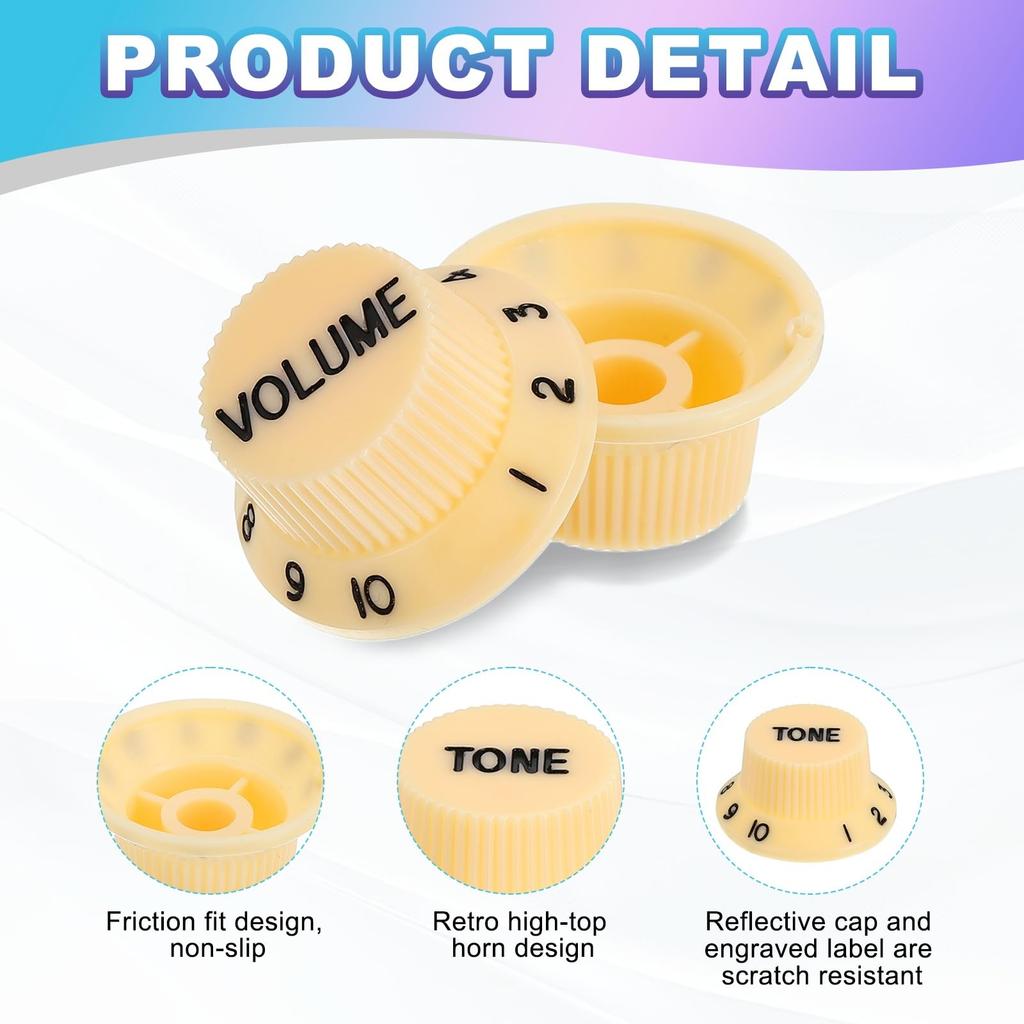 Uxcell Set Meter Top Hat Bell Knobs 1 Volume 2 Tone Control Guitar Knob Set for Electric Guitar Bass Split Shaft Pots Cream White Black 3-Piece