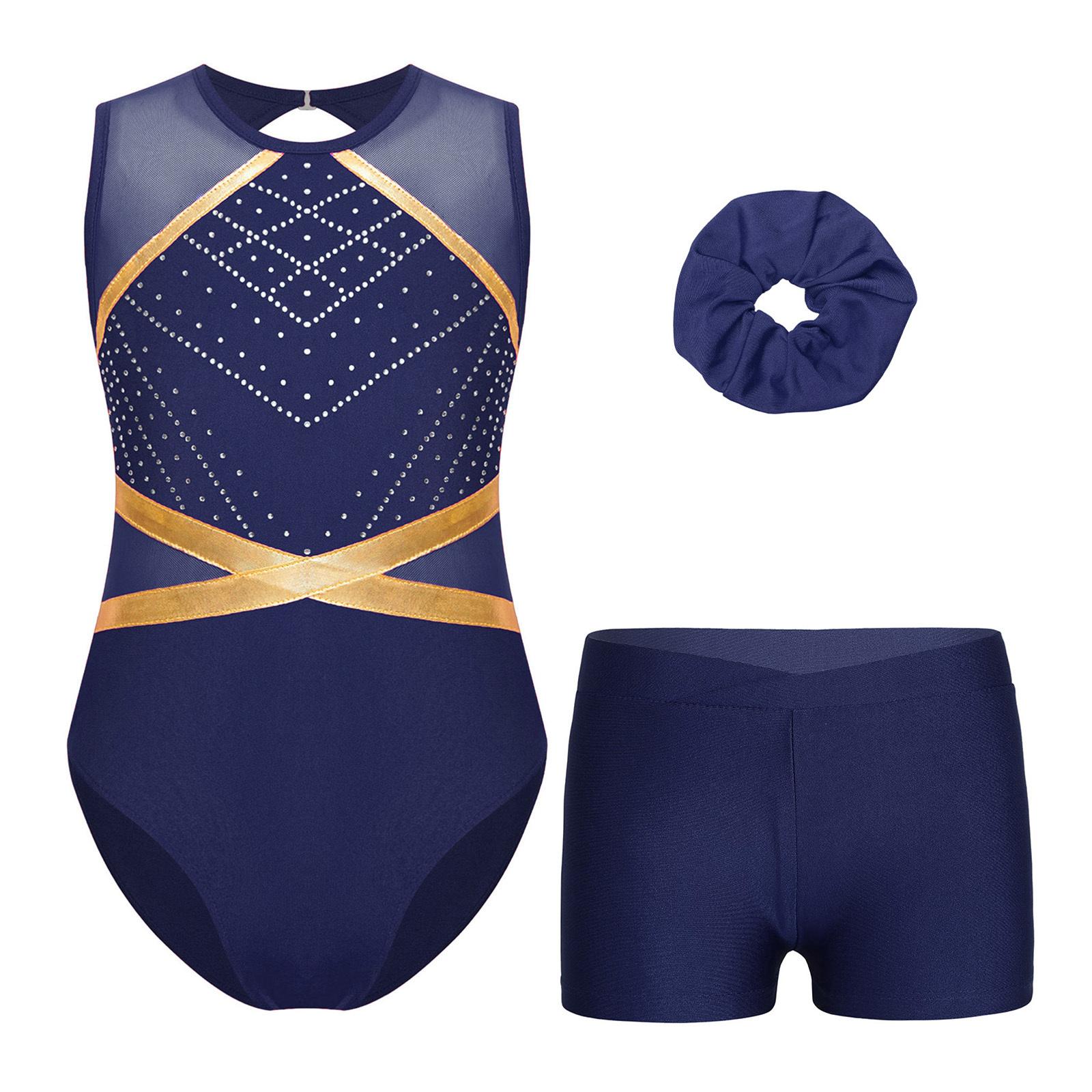 

Girls Gymnastics Leotard Set Sleeveless Sparkly Rhinestones Keyhole Back Bodysuit V Front Waistband Shorts Hair Tie Headwear 5-6 Years темно-синього кольору