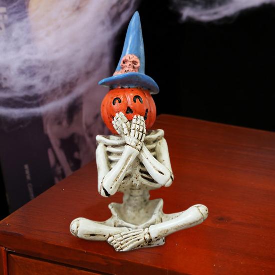 Halloween Skeleton Pumpkin Figurine Resin See Hear Speak No Evil Pumpkin Head Skeleton Statue for Home Haunted House Decor