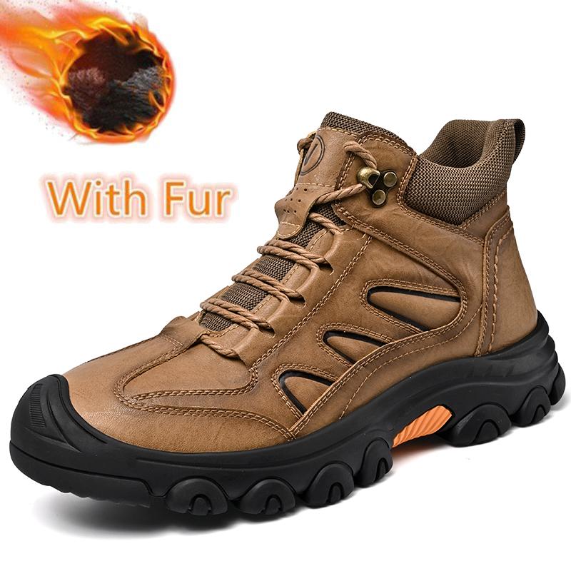 Fashion Genuine Leather Men's Snow Boots Super Warm Plush Outdoor Boots Retro Style Non-slip Hiking Boots Winter Travel Hiking Footwear