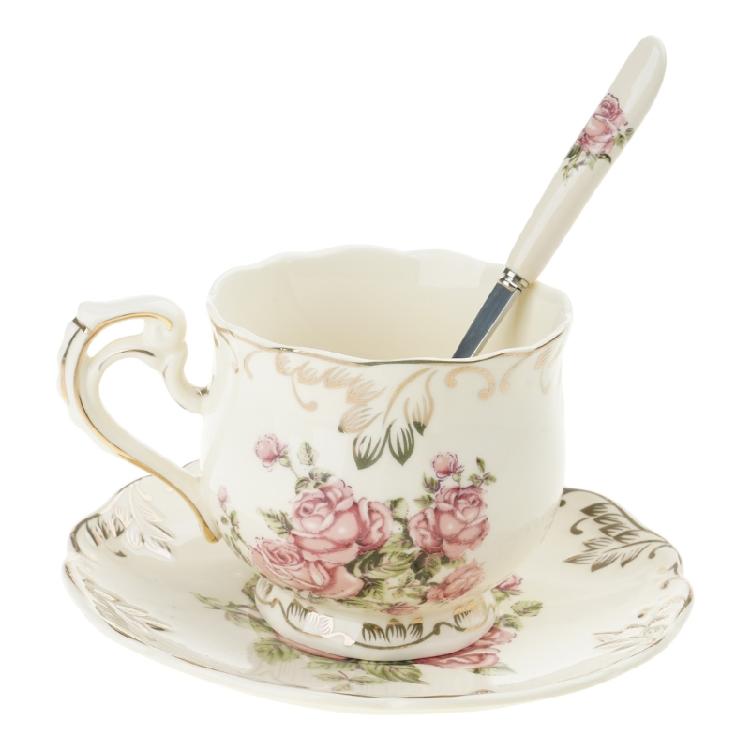 Rose Ivory Porcelain Coffee Cup Spoon Set Drinking Utensils for Women Teas Party