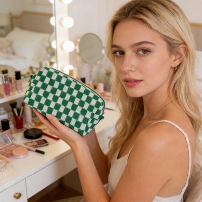 Borsa da Trucco a Quadri per Donna Borsa da Viaggio Cosmetica Lavorata a Maglia Portatile Organizer per Articoli da Toeletta a Quadri con Cerniera per Viaggio