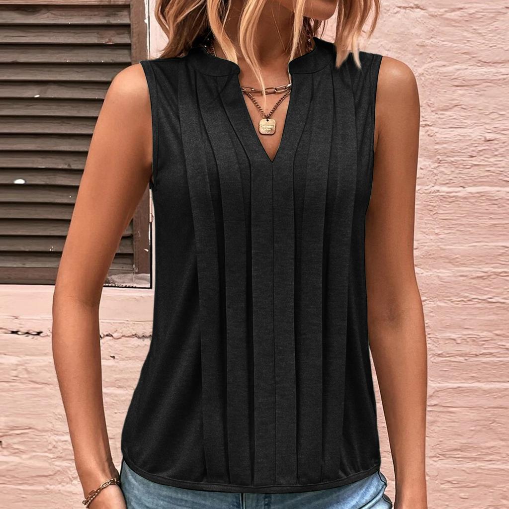 Ladies' Color Summer Fashion Temperament Elegant Pleated V-neck Vest Top