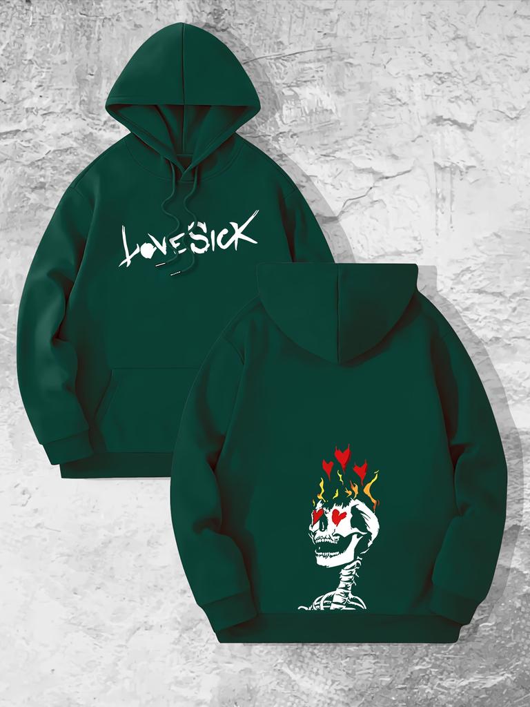 Lovesick Skull Flame Heart Hoodie Unisex Gothic Streetwear Sweatshirt Front Back Graphic Pullover