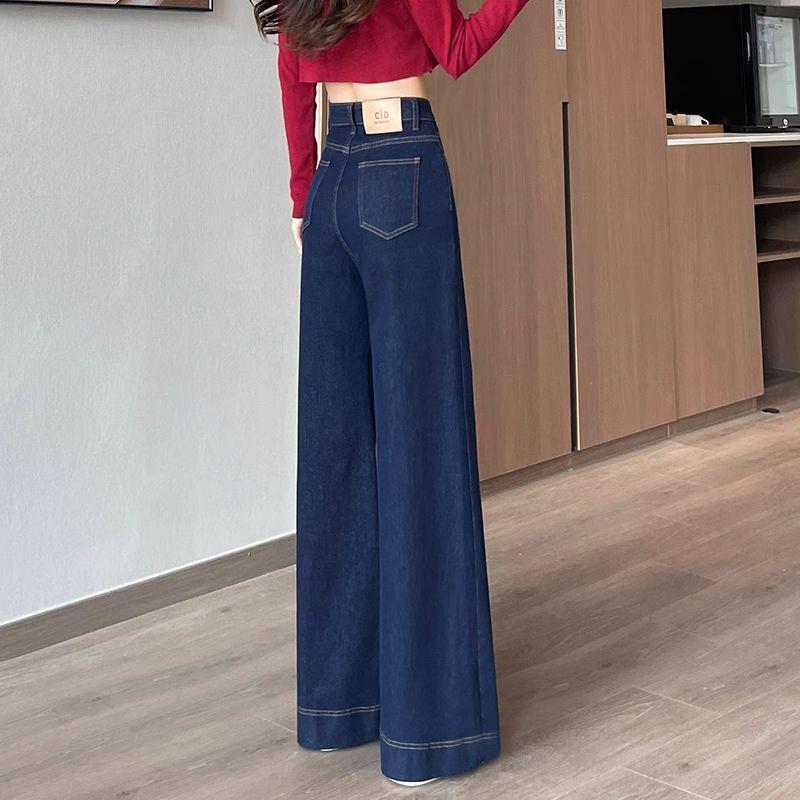

Women s High-Waist Denim Blue Wide Leg Jeans - Thick, Warm, Elastic, and Floor-Length (Spring/Winter 2025). L (for 105-115 jin)