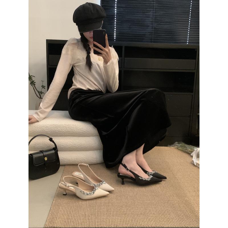 

New pointed rhinestone chain high heels stiletto with sexy half-drag cool slippers outside women 39 абрикосовый