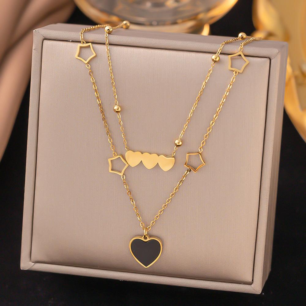 French Titanium Steel Heart Choker Necklace And Bracelet Set Sweet Peach Heart Tassel Design Women Jewelry