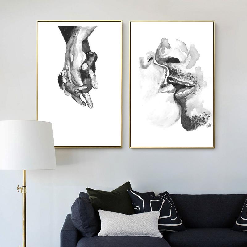 Nordic Fashion  Lover Kiss Black White Abstract Line Posters Print Canvas Painting Hand Wall Art Pictures Bedroom Home Decor