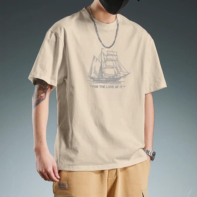 Boat Print T Shirt Summer O Neck Short Sleeve Cotton T Shirts Men Tops