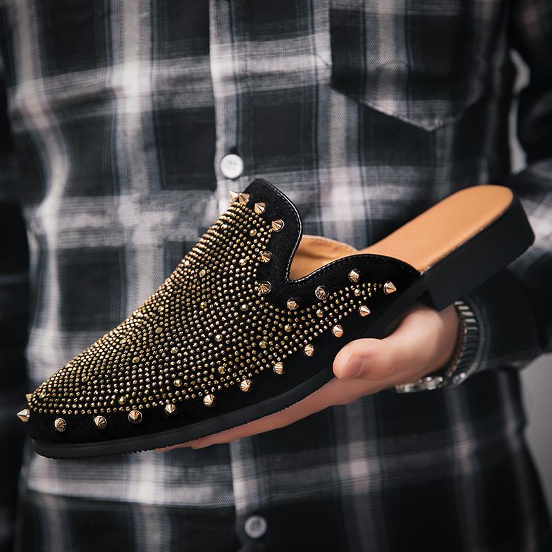 New Men Casual Shoes Designer Rivet Dress Shoes Loafers Fashion Chaussure Homme Cuir Half Slippers Zapatos Hombre Party Flats